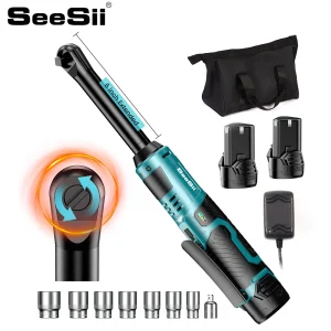 SEESII 6" Extended Ratchet Wrench 3/8"Cordless Electric Wrench 55Nm 12V Rechargeable Angle Wrench Car Repair Tools w/2 Batteries